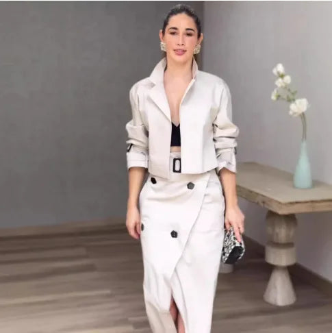 Two Piece Set Women Dress Sets Belt Midi Skirts Cardigan Coats Suits A Line Loose Fit Casual Frock Skirt Office Lady Spring