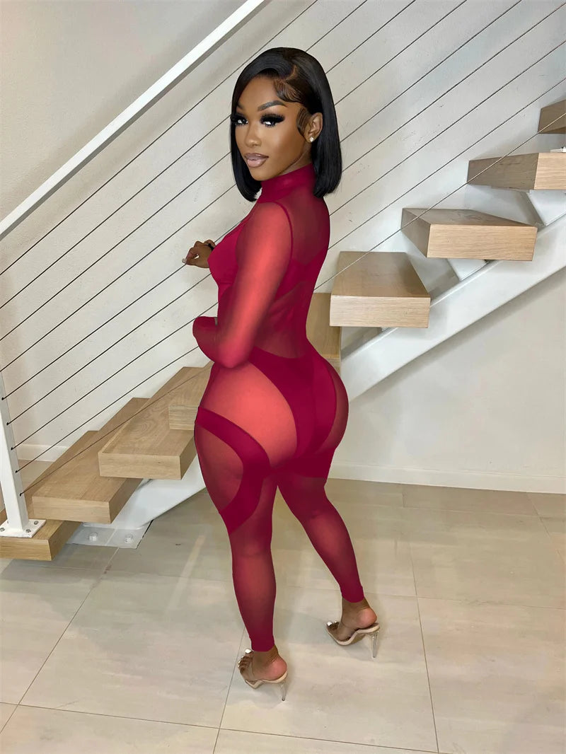 Sexy Sheer Mesh Jumpsuits Women Party Club Outfits Skinny Patchwork Long Sleeve See Through Rompers Womens Jumpsuit Midnight