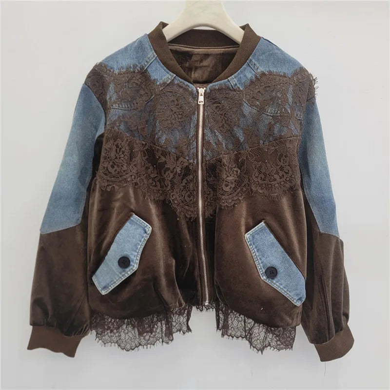 Casual Relaxed Fit Velvet Baseball Jacket for Women