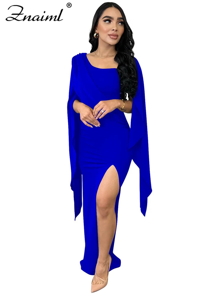 Znaiml Elegant Flare Sleeve Celebrity Nightclub Maxi Long Dresses for Women Sexy High Split Evening Party Prom Birthday Vestidos