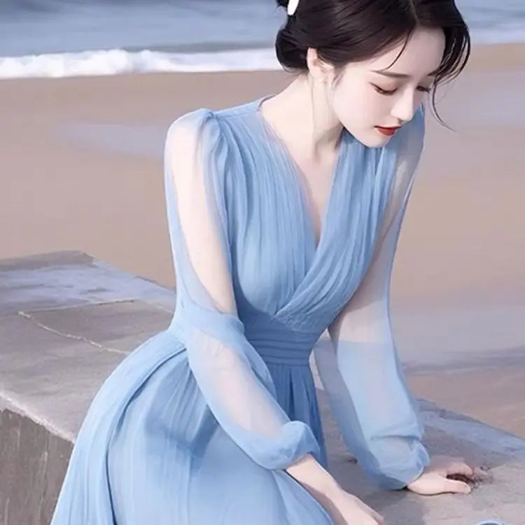 Elegant Blue Chiffon Ankle Length Flowing Dress For Women