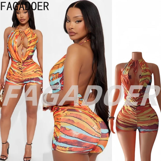 FAGADOER Sexy Printing Bodycon Bikini Rompers Women Halter Hollow Out Sleeveless Backless Jumpsuits Female Clubwear Overalls New