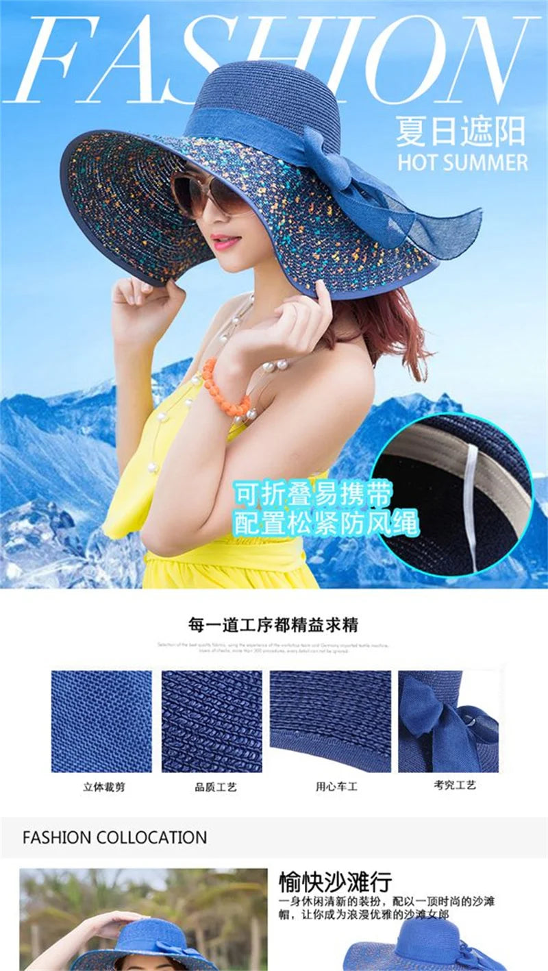 Hat Big-brimmed Cool Hat Women's Summer Sun Visor Sun-Proof Foldable Straw Hat UV-Proof Beach Sun Hat Summer Face Covering