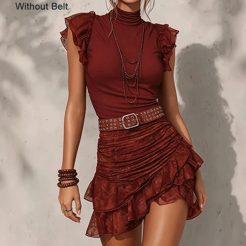 Ruffle Patchwork Mini Skirt Two Piece Set for Women