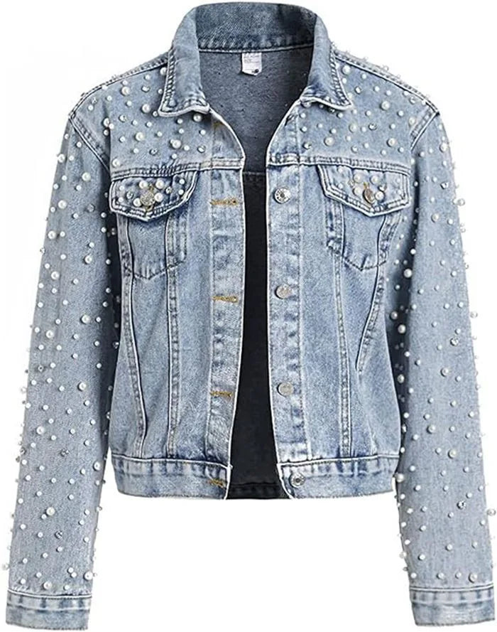 Pearl Beaded Lapel Long Sleeve Denim Jacket for Women