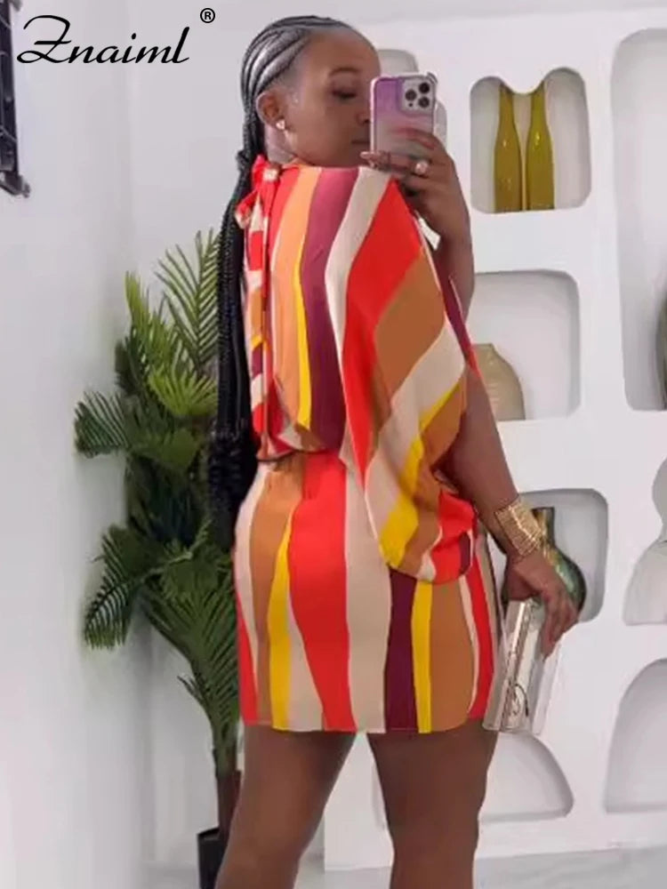 Znaiml Women‘s African Batwing Sleeve Striped Print Mini Dress Birthday O Neck Loose Night Club Female Vestidos Beach Elegant
