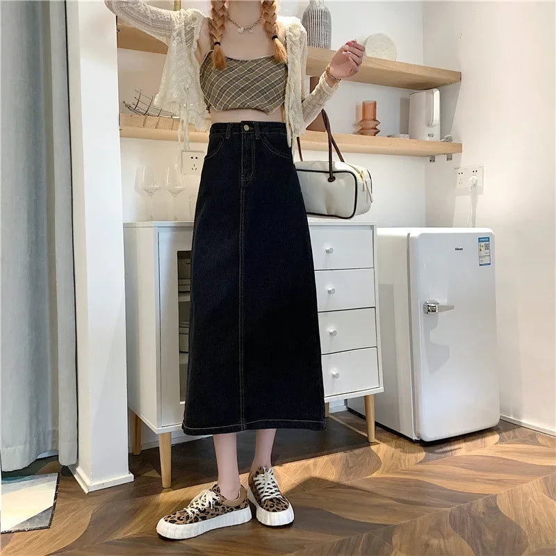 New 2022 Spring-Autumn Medium-Length Denim Skirt For Women High-Waisted Slimming Plus Size Curvy Girls A- Line Hip Covering Skir