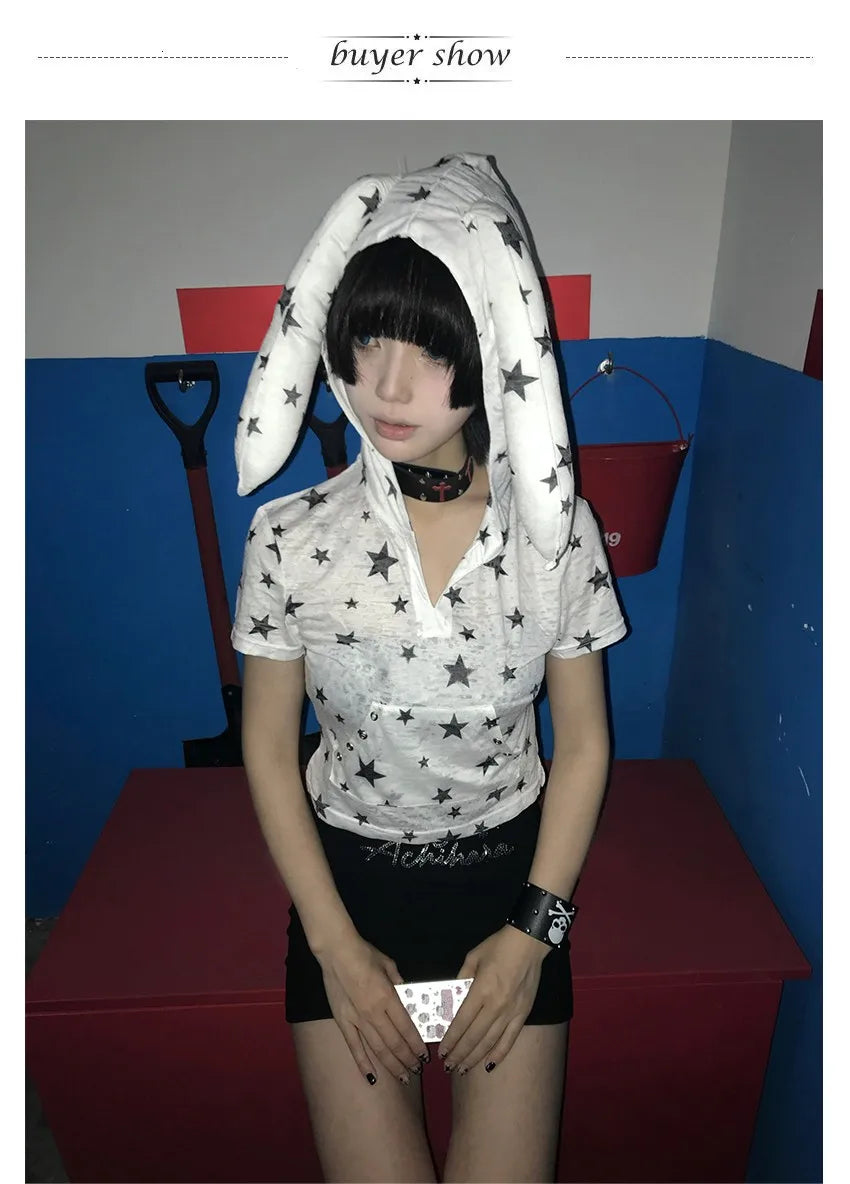 Karrram Japanese Y2k Hooded T-shirt Vintage 2000s Style Rabbit Ears Tops Harajuku Star Print Short Sleeve T Shirt Korean Popular