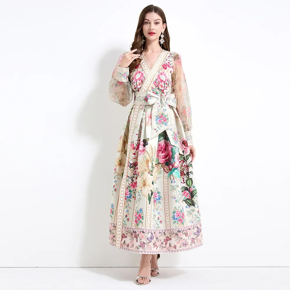 Retro Court Style V-Neck Lace Lantern Sleeve Belted Waist Design Large Print Dress Floral Print Women's Dress Fashionable Gown