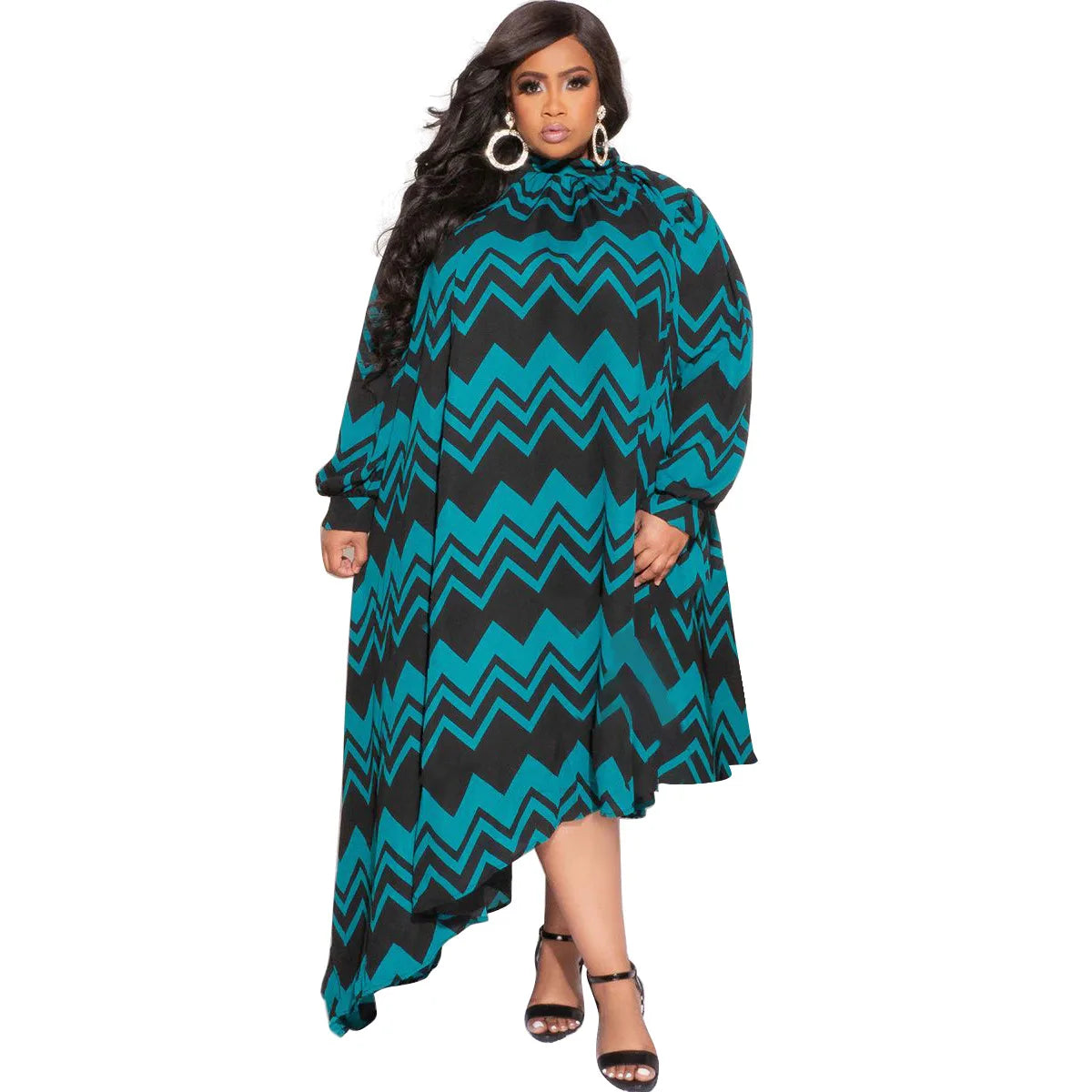 African Print Long Sleeve Asymmetrical Maxi Dress for Women