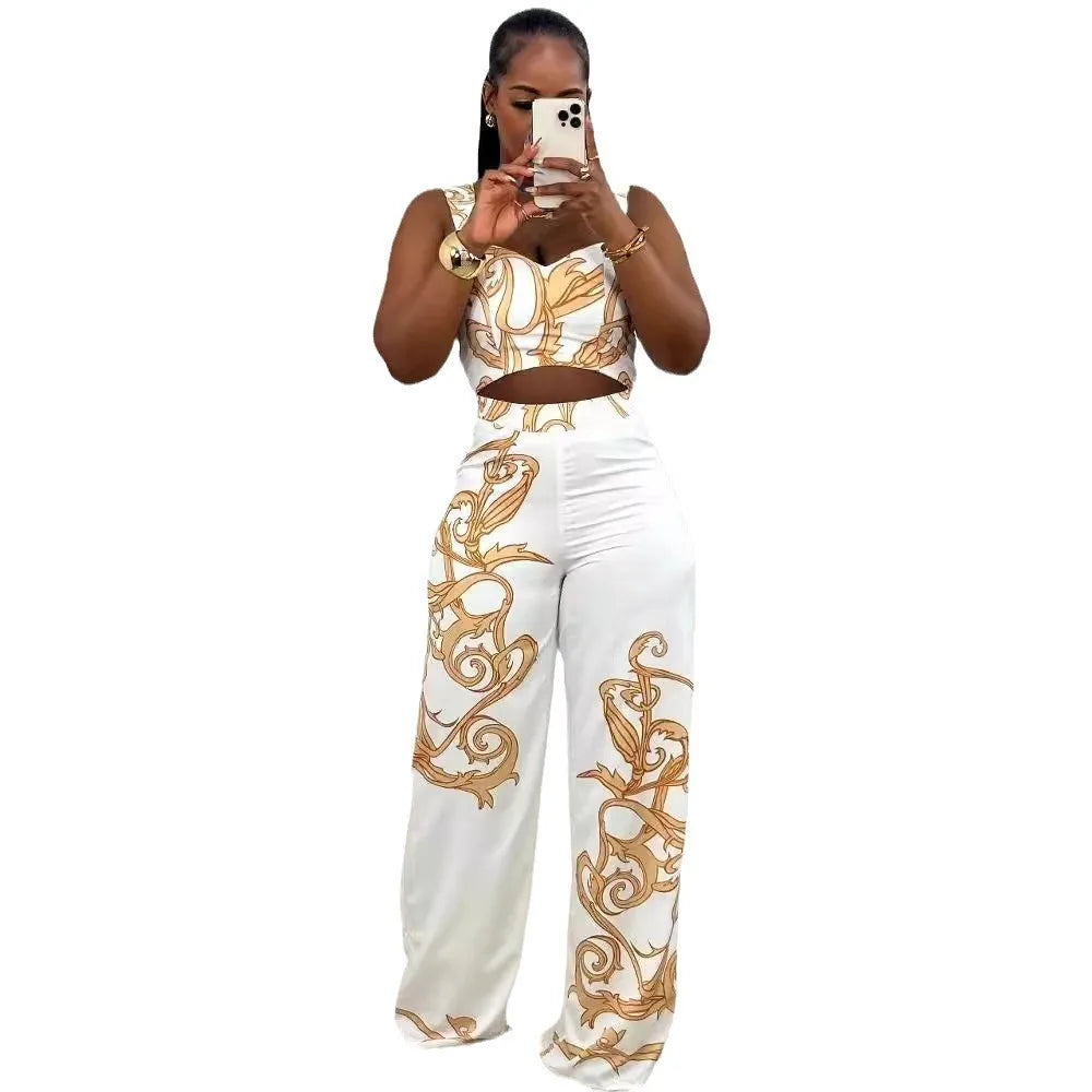 CM.YAYA 2024 Summer Women's Set Sleeveless Strapless Tops +Wide Leg Pants Print Party Street Two 2 Piece Sets Outfits Tracksuit