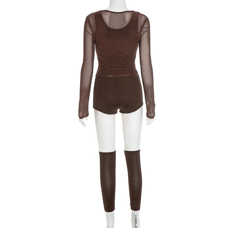Weird Puss Sexy Casual 3 Piece Set Mesh Full Sleeve o-Neck Crop Tops+Shorts+Foot Cover Matching Autumn Trend Streetwear Outfits