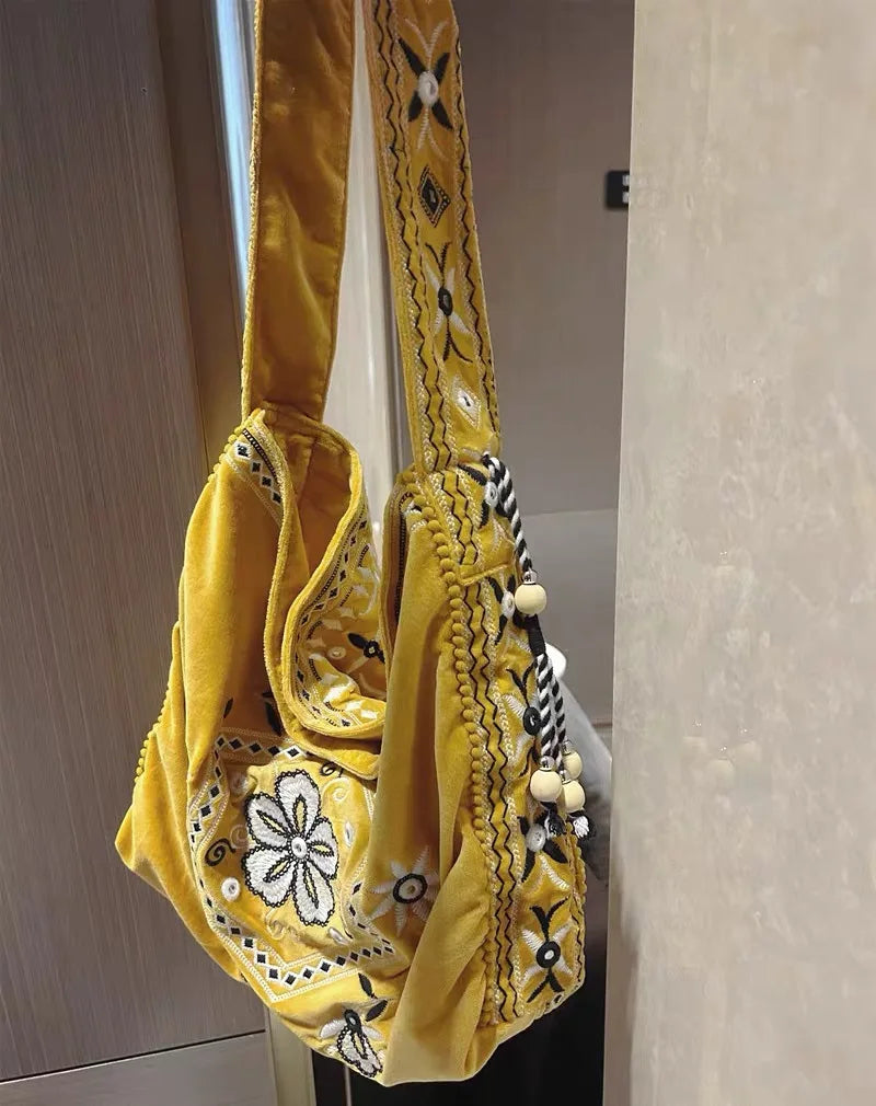 High Quality Original Design Velvet Embroidery Fringe Cloth Bag Shoulder Large Capacity Cross Body Tote Bags for Women