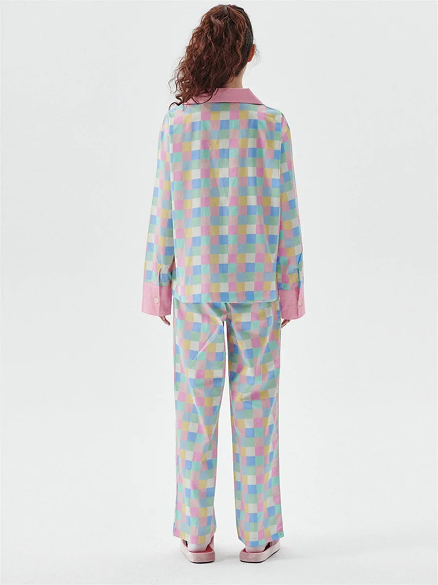 Women 2 Piece Pajamas Set Colorful Plaid Print Long Sleeve Button up Shirt and Elastic Pants for Loungewear Soft Sleepwear Pjs