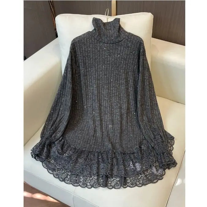 Autumn and Winter New Fashionable Style Lace Splicing Bottom Shirt Thin Solid Color Loose Look Casual Loose Long Sleeves Top