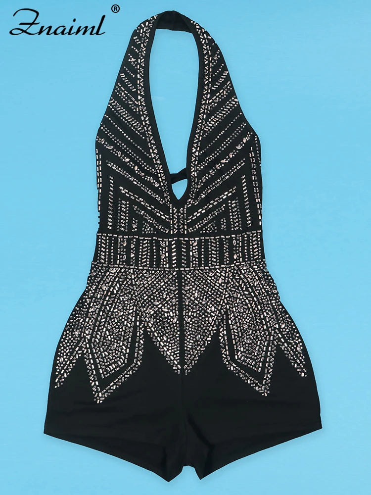 Znaiml Gorgeous Deep V Neck Rhinestone Halter Bandage Playsuits Women Crystal Short Jumpsuits Rompers Night Club Birthday Party
