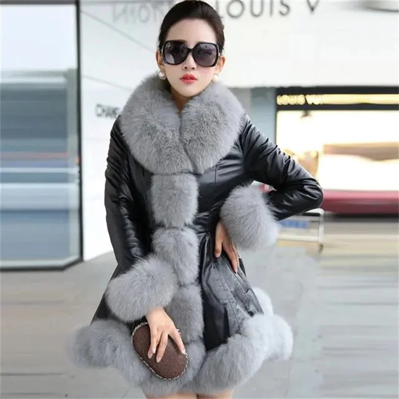 Size 6XL Women's Clothing Autumn Winter Imitation Fox Fur Big Fur Collar Thick Warm Female's Leather Jacket Slim Fur Coat