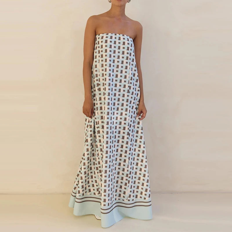 Casual Off Shoulder High Waist Loose Long Dress Backless Printed Holiday Women Dresses Summer Sexy Strapless Pleated Beach Dress