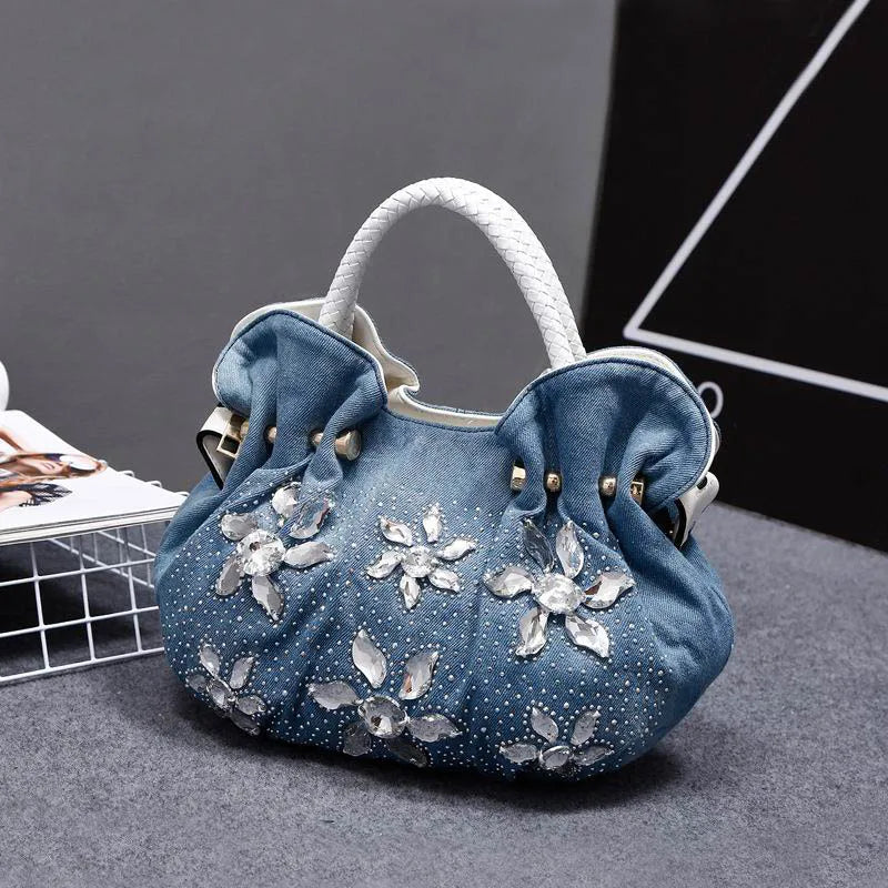 Vintage Rhinestone Denim Shoulder Handbag for Women