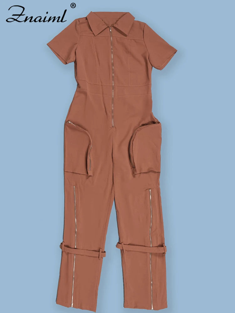 Znaiml Safari Style Short Sleeve Zipper Pocket Jumpsuit Women Fashion Cargo Pants One Piece Overalls Streetwear Playsuit Rompers