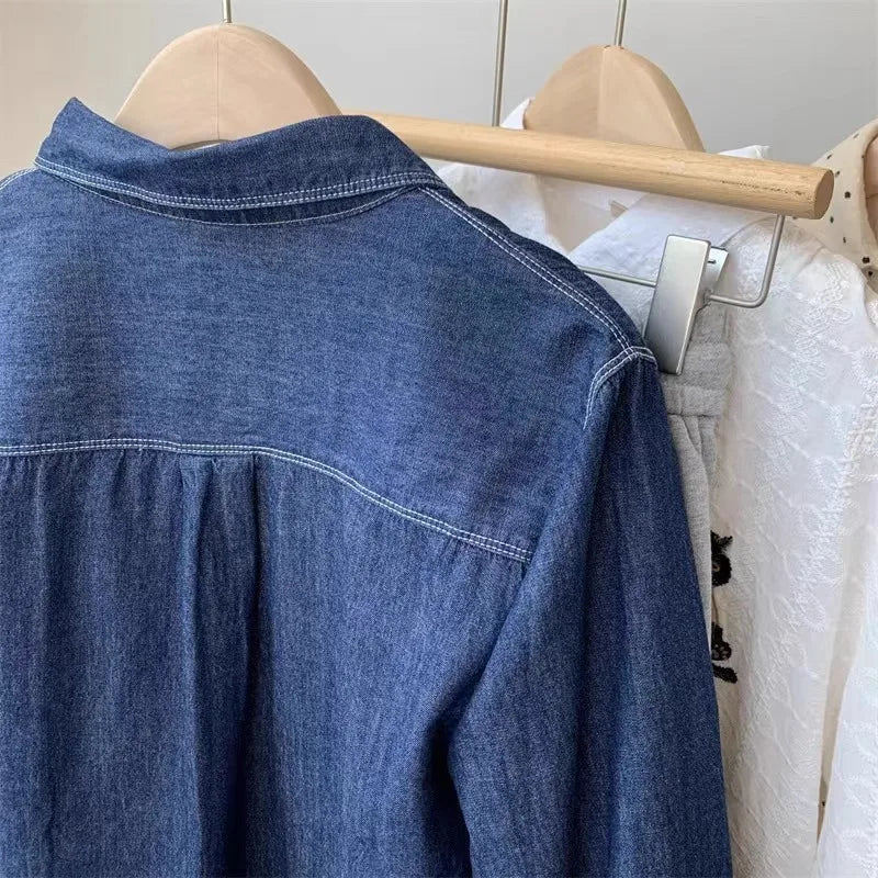 Korean retro dark blue denim long-sleeved shirt women's spring and autumn new fashion plus size loose coat embroidered shirt top