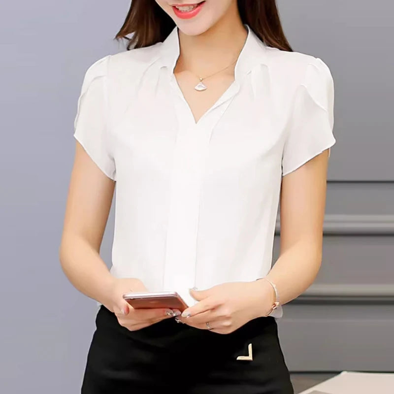 ZANZEA Formal Office V-neck Blusas Women Chiffon Blouses Elegant Ruffles Short Sleeve Tops 2024 Summer Solid Pleating Shirts