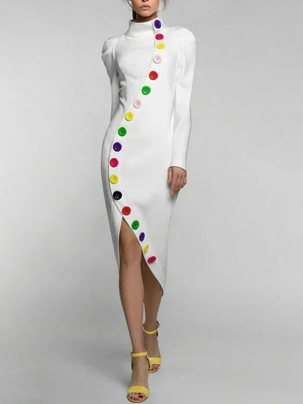 Beautyblue Elegant Woman Ceremony Dress Midi Dresses Fashion Buttoned Contrast Color Long Sleeves High Neck White Winter Dress