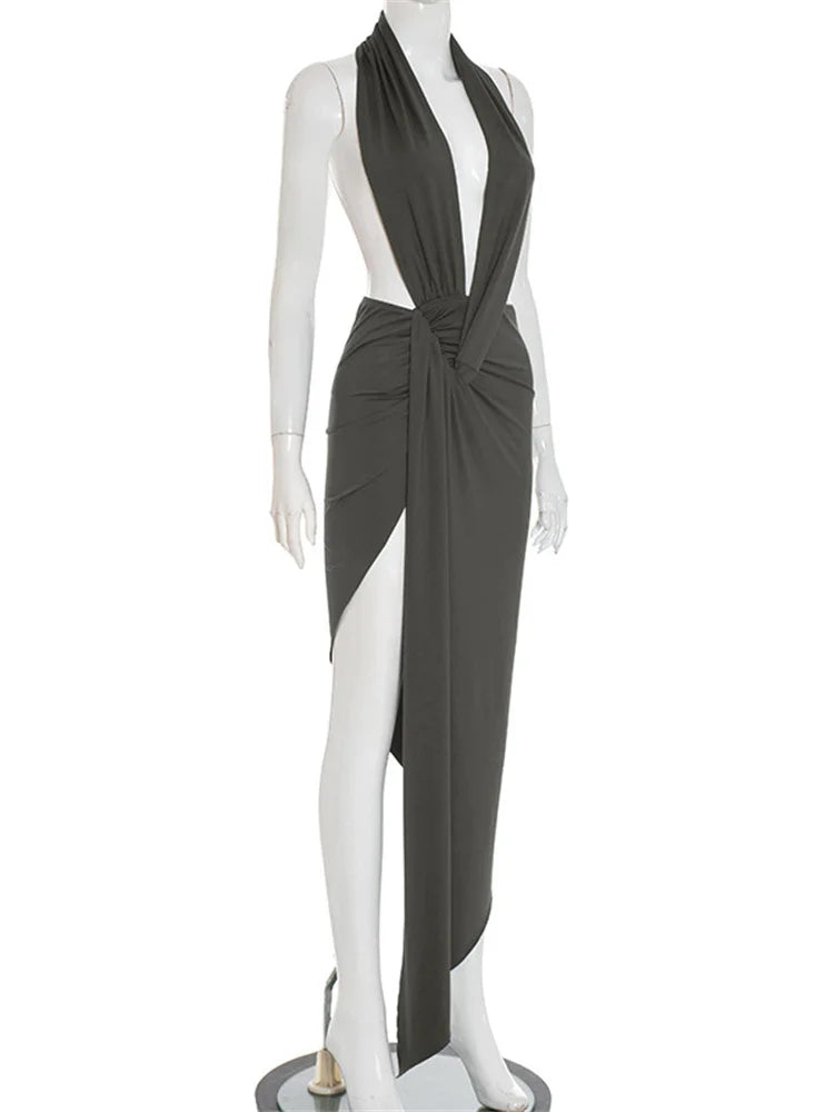 Weird Puss Elegant Halter Backless Dress Women Deep V-Neck Sleeveless Slit Irregular Party Banquet Activity Stretch Clubwear