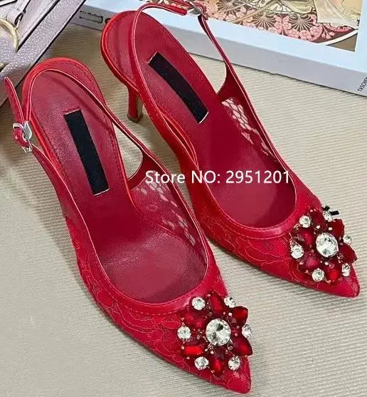 Pink Floral Print Rhinestone Slingback Dress Pumps High Heels For Women