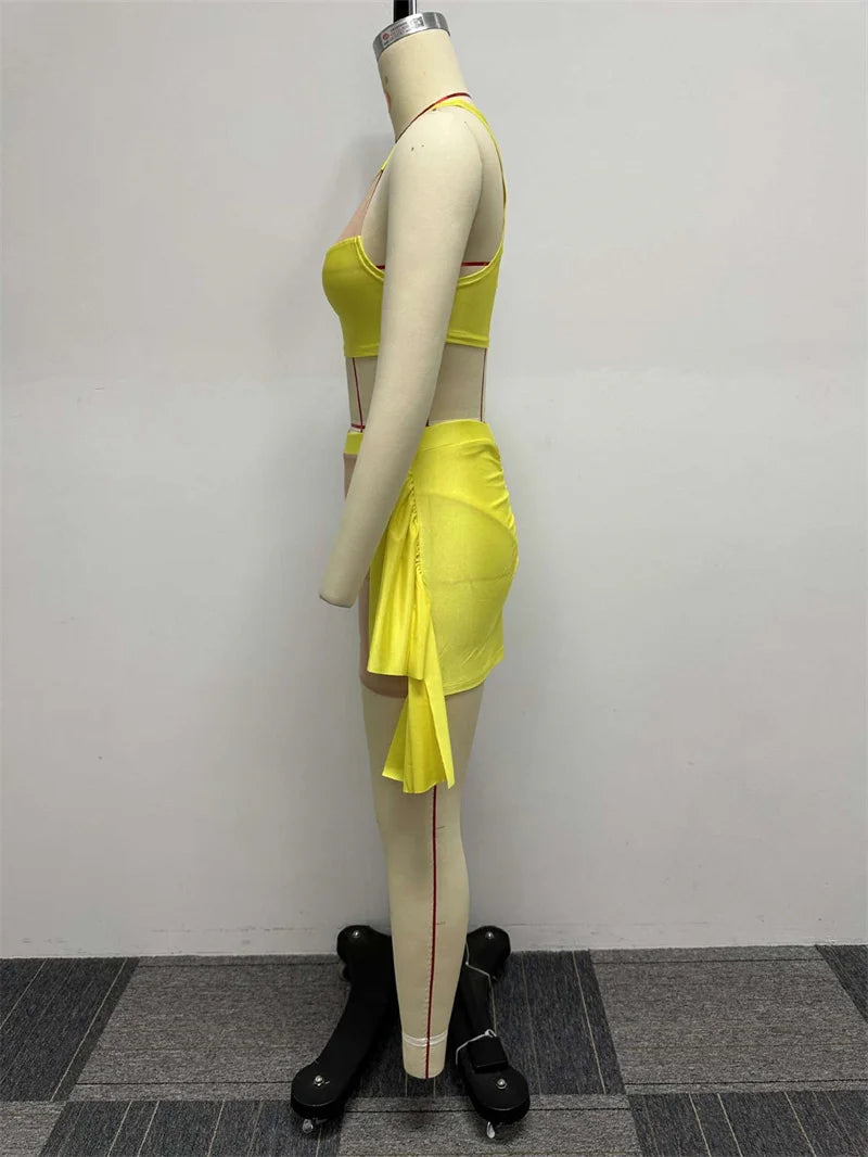 Sexy Mesh See-through Patchwork 2 Piece Sets Women Outfit Festival Clothing Tank Crop Top and Mini Skirt Set Night Club Outfits