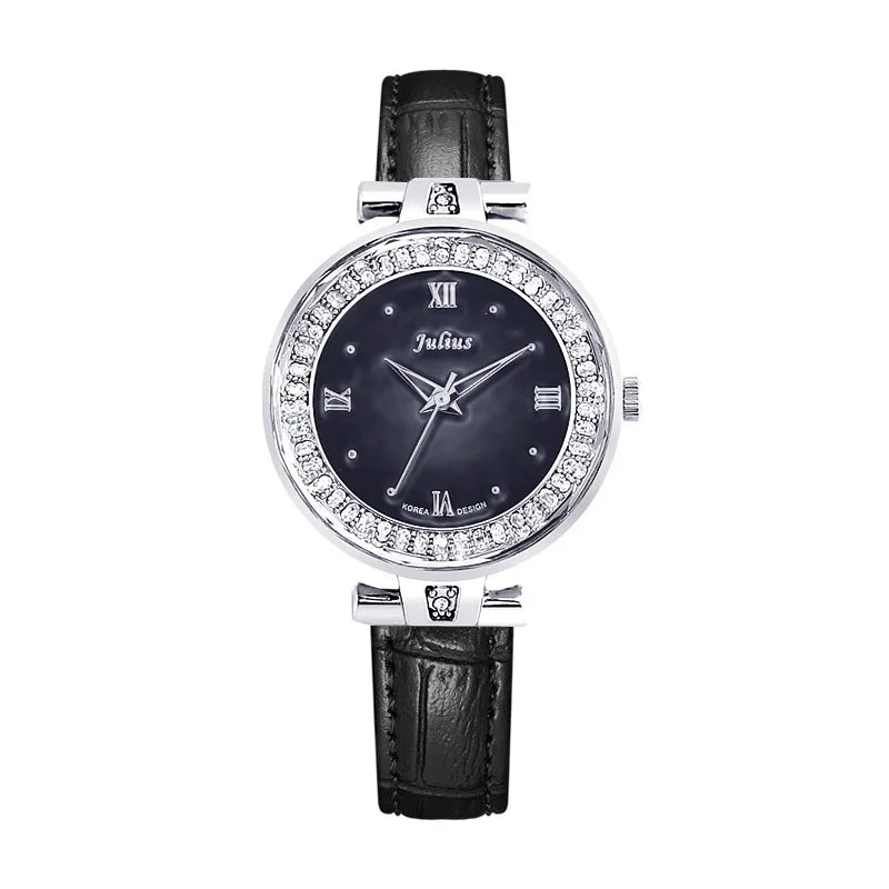 Mother-of-pearl Rhinestones Julius Lady Women's Watch Fashion Hours Bracelet Real Leather Girl's Birthday Gift Box