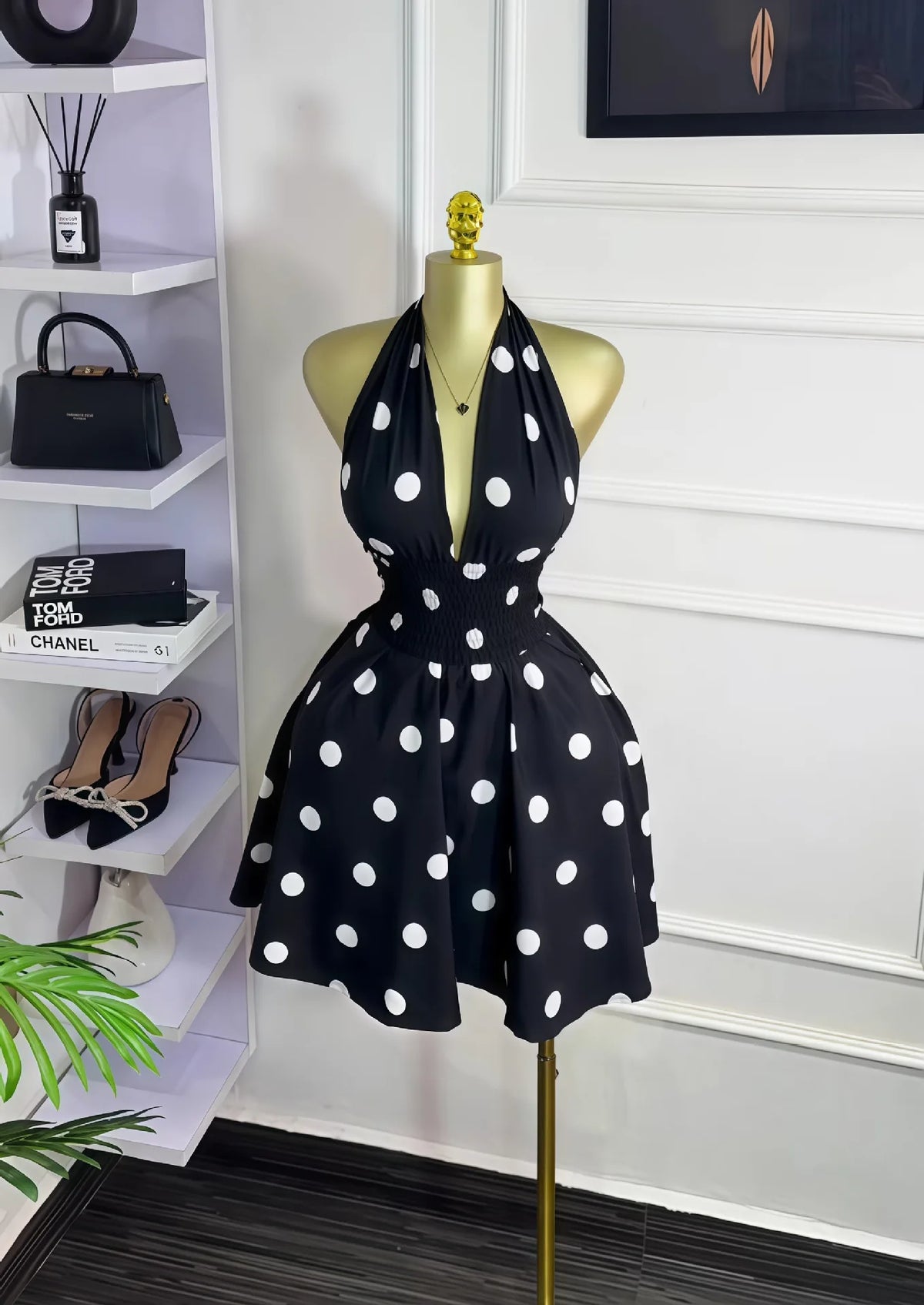 Retro Halter Neck Polka Dot Chiffon Mini Dress for Women