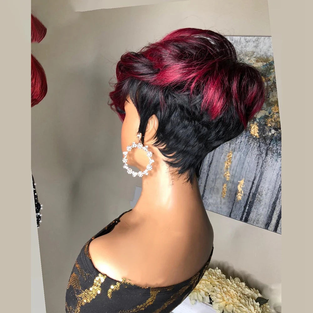 Dark Red Pixie Cut Wig 1B/99J Human Hair Short Bob Wig With Bang Brazilian None Lace Wigs For Women Full Machine Human Hair Wig