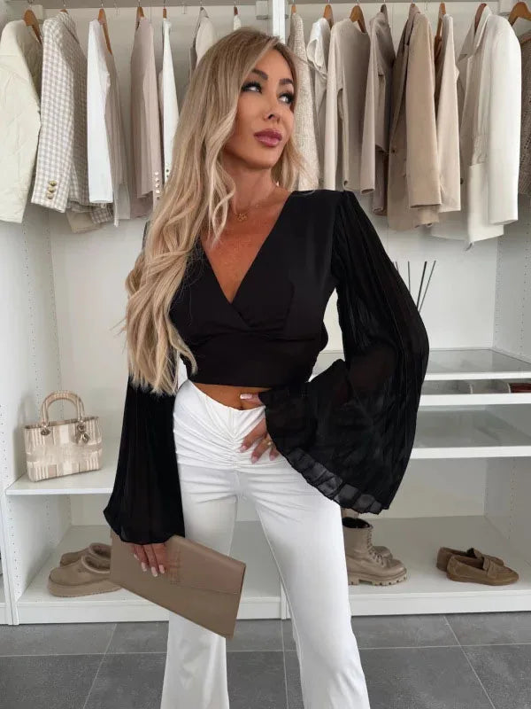 2025 Women's Spring Autumn New Fashionable Waist Collection Sexy V-neck Bag Sleeve Solid Color Wrinkled Long Sleeve Top
