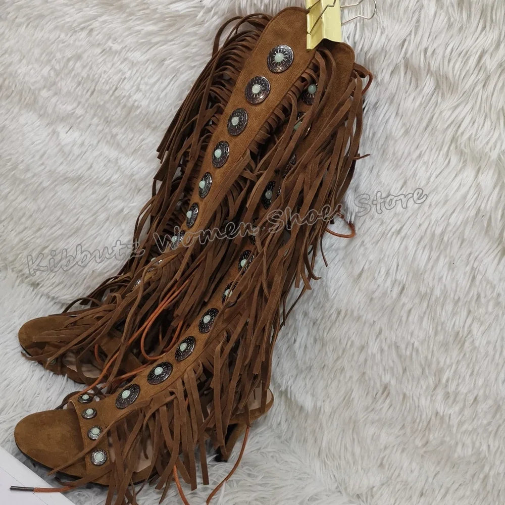 Suede Tassels Sandals Knee High Boots Crystal Glossy Solid Color Cross Strap Fashion Luxury Elegant Concise Women Shoes Newest
