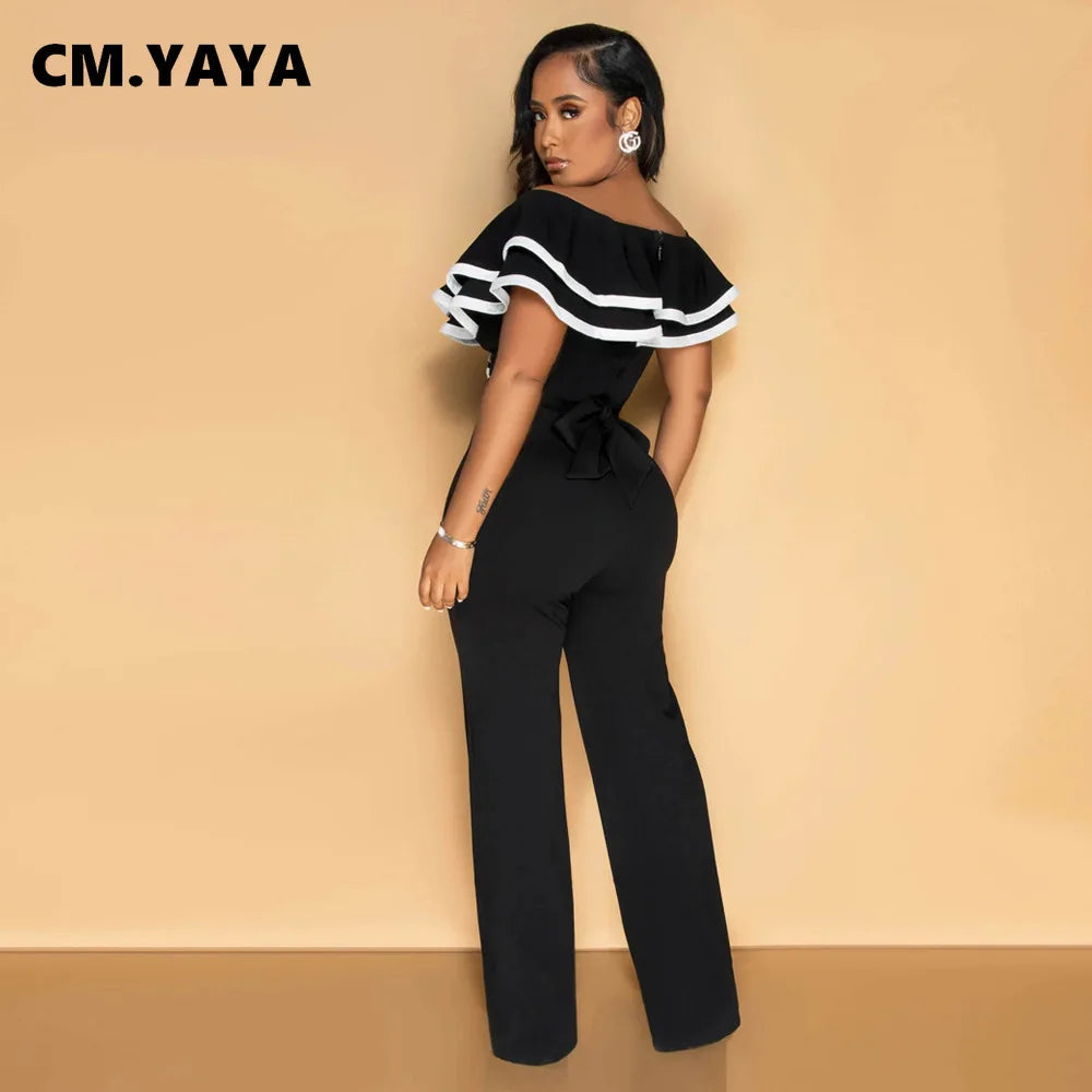 CM.YAYA Women V-neck Off Shoulder Ruffles Wide Leg Jumpsuits 2024 Summer Fashion Sexy Party Playsuit One Piece Suit Rompers