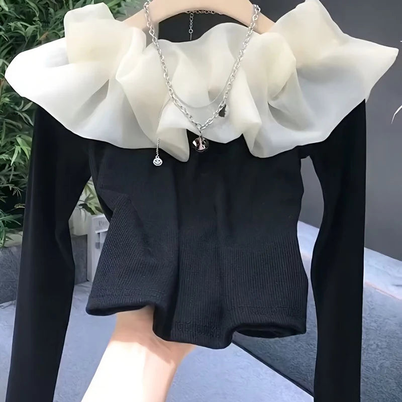 French style T-shirt shoulder splicing T-shirt women's spring and autumn new fashion temperament slim long-sleeved shirt