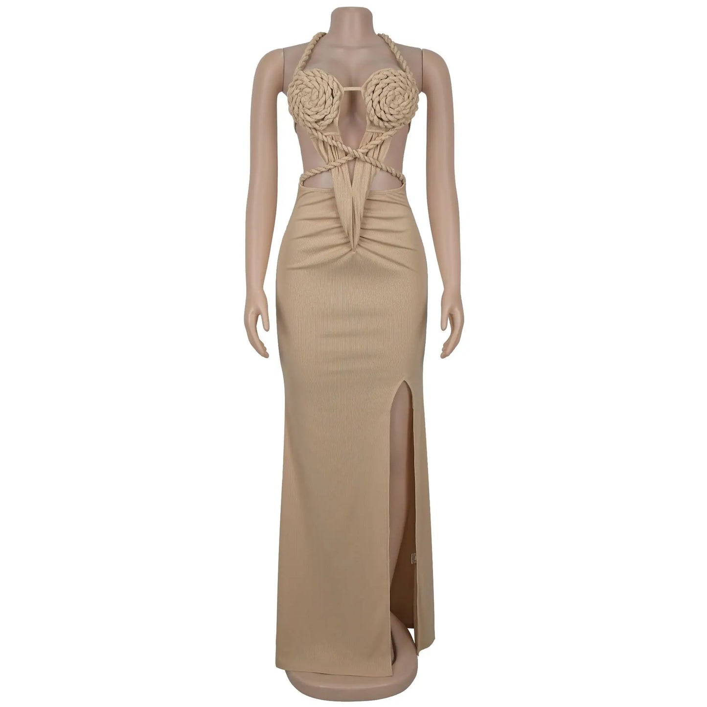 Joskaa Women's 2025 Summer Knit Halter Dress Sexy Hollow Backless Slit Bodycon Maxi Dresses Holiday Party Club Beachwear S-XXL