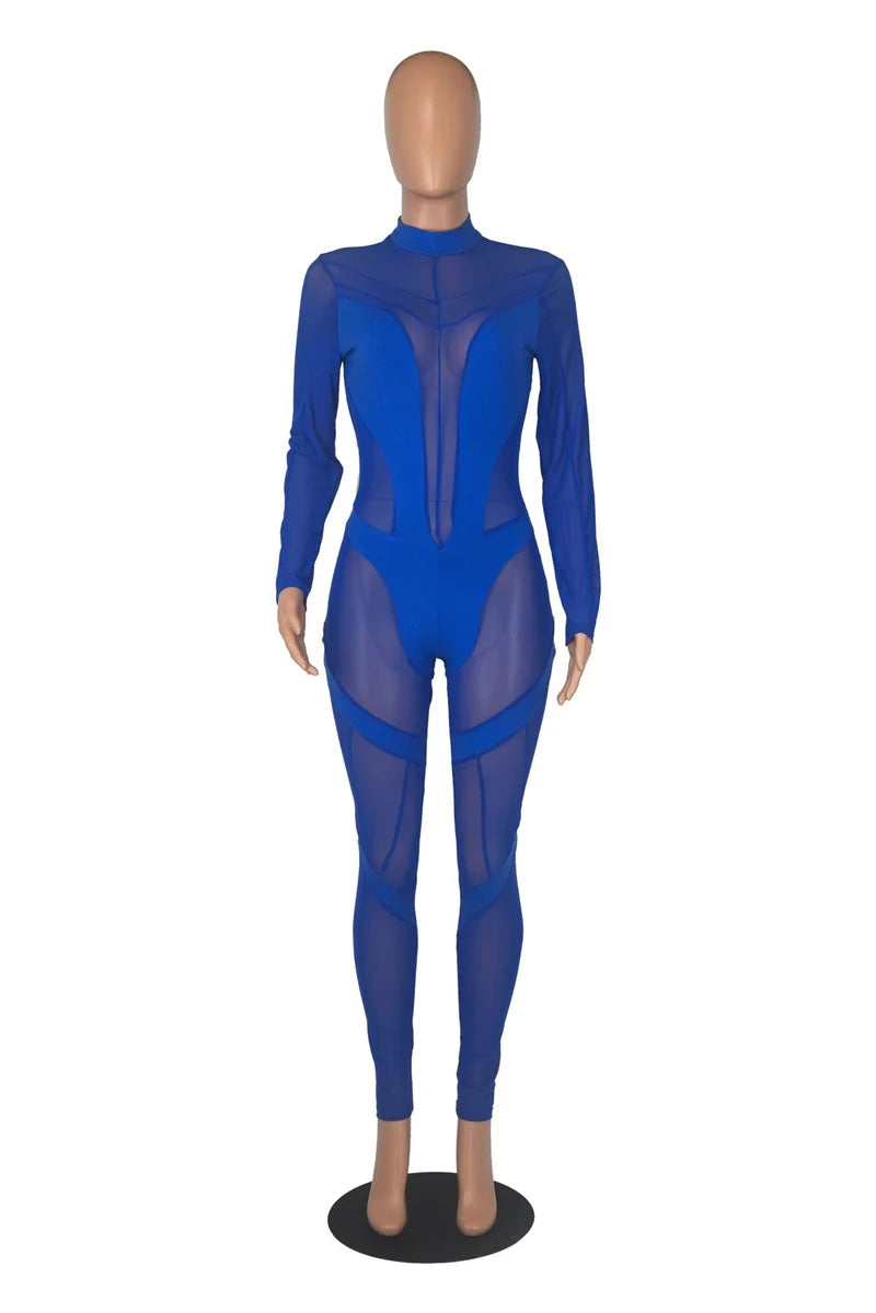 Sexy Sheer Mesh Jumpsuits Women Party Club Outfits Skinny Patchwork Long Sleeve See Through Rompers Womens Jumpsuit Midnight