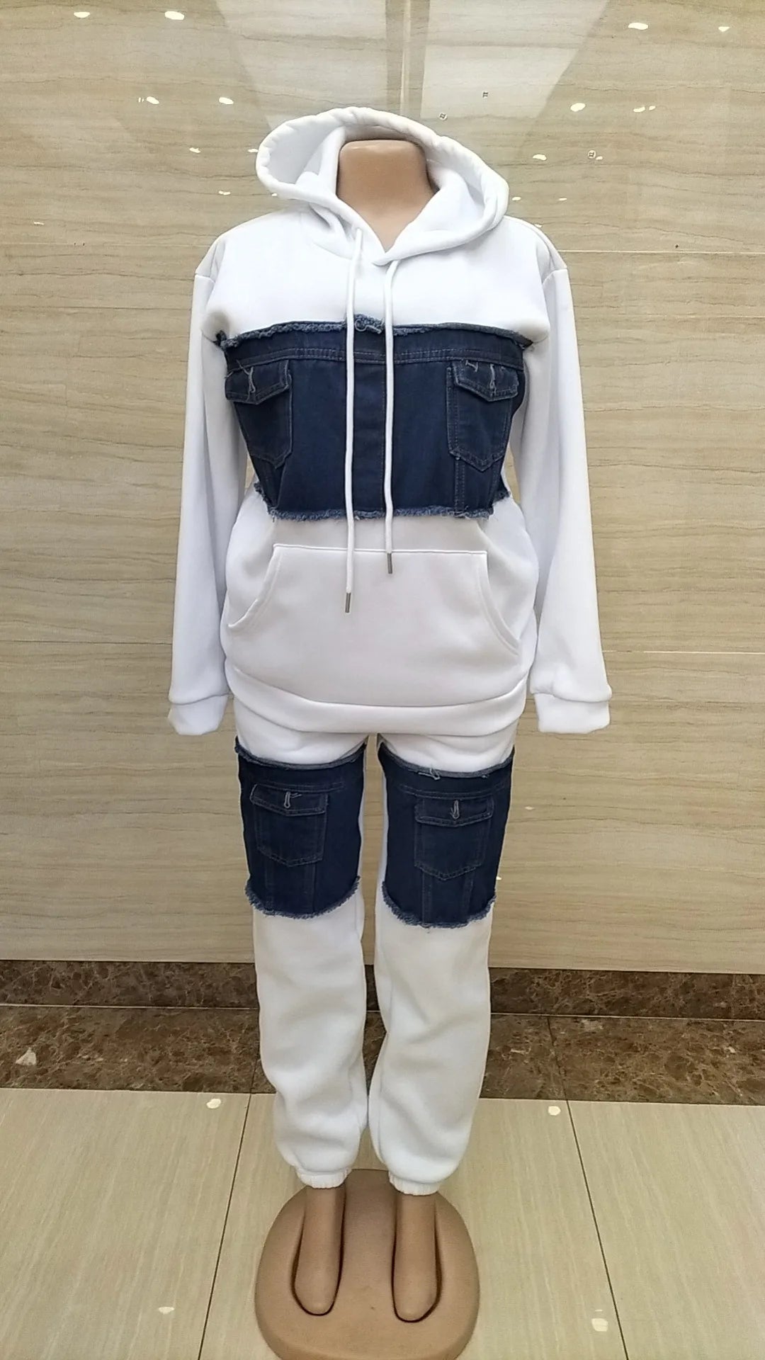 Pants Set Women Two Piece Sets Hooded Matching Sets Sweatshirts Long Pants High Waist Denim Splice Y2k Casual Jogger 2025