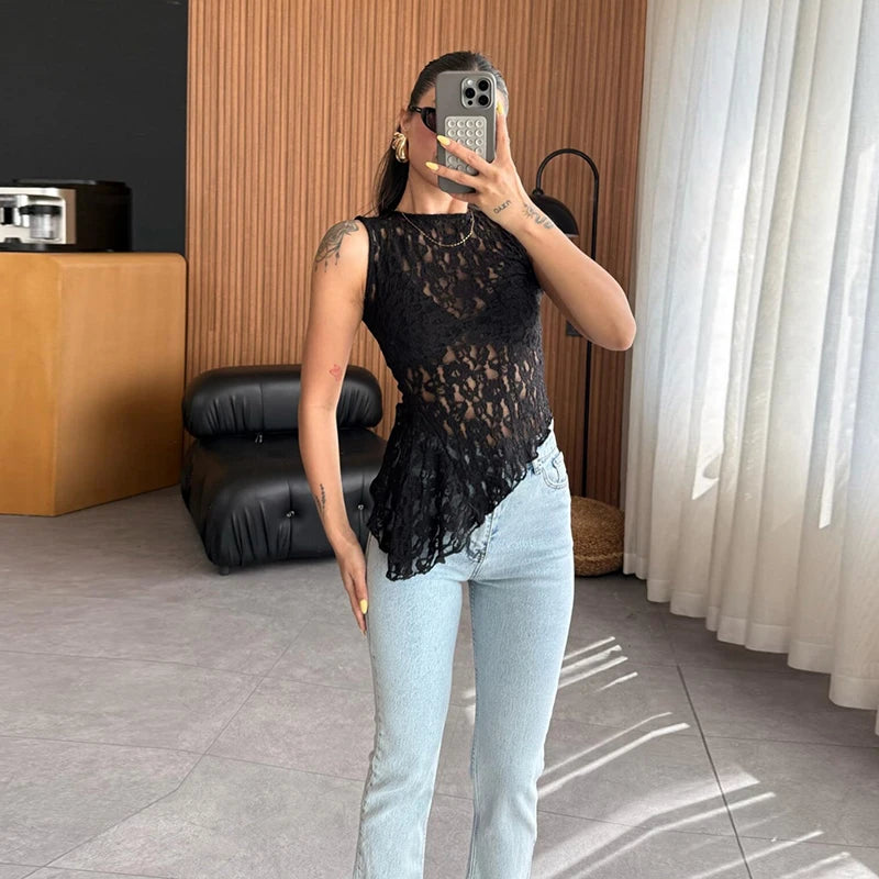 Women's Casual O Neck Sleeveless Irregular Tees 2025 Summer Solid Color Waist Blouses Perspective Lace Slim Fit Club Party Tops