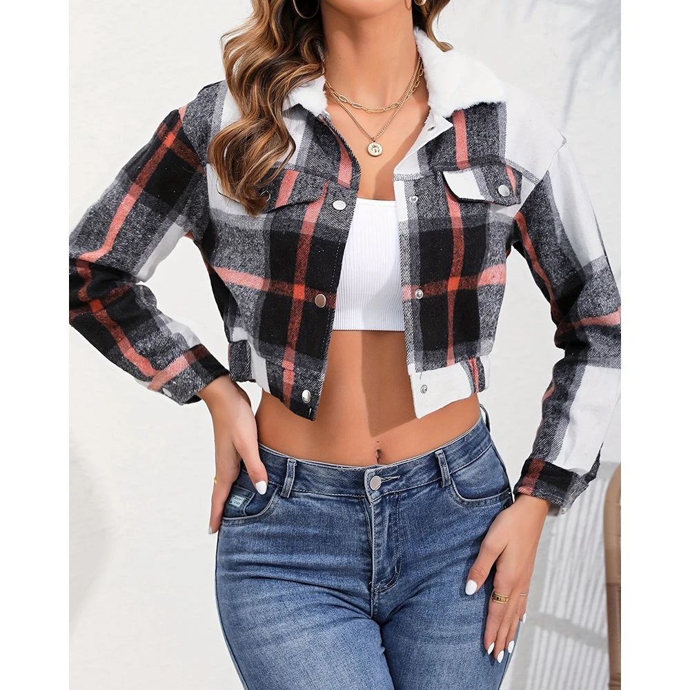 Women Fluffy Turn-down Collar Striped Print Covered Button Short Jackets Autumn Long Sleeve Coat Outfits Winter Clothing