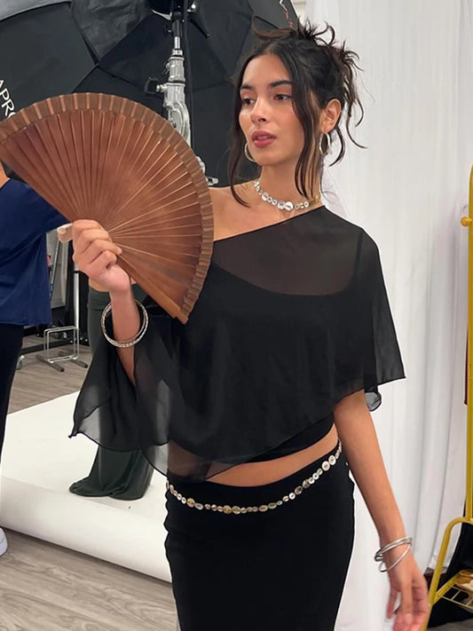 Weird Puss Summer Trend 2 Piece Crop Tops Women Sexy Short Sleeve Camisole+Mesh One-Shoulder Tops Clubwear 2025 Summer Club Tees