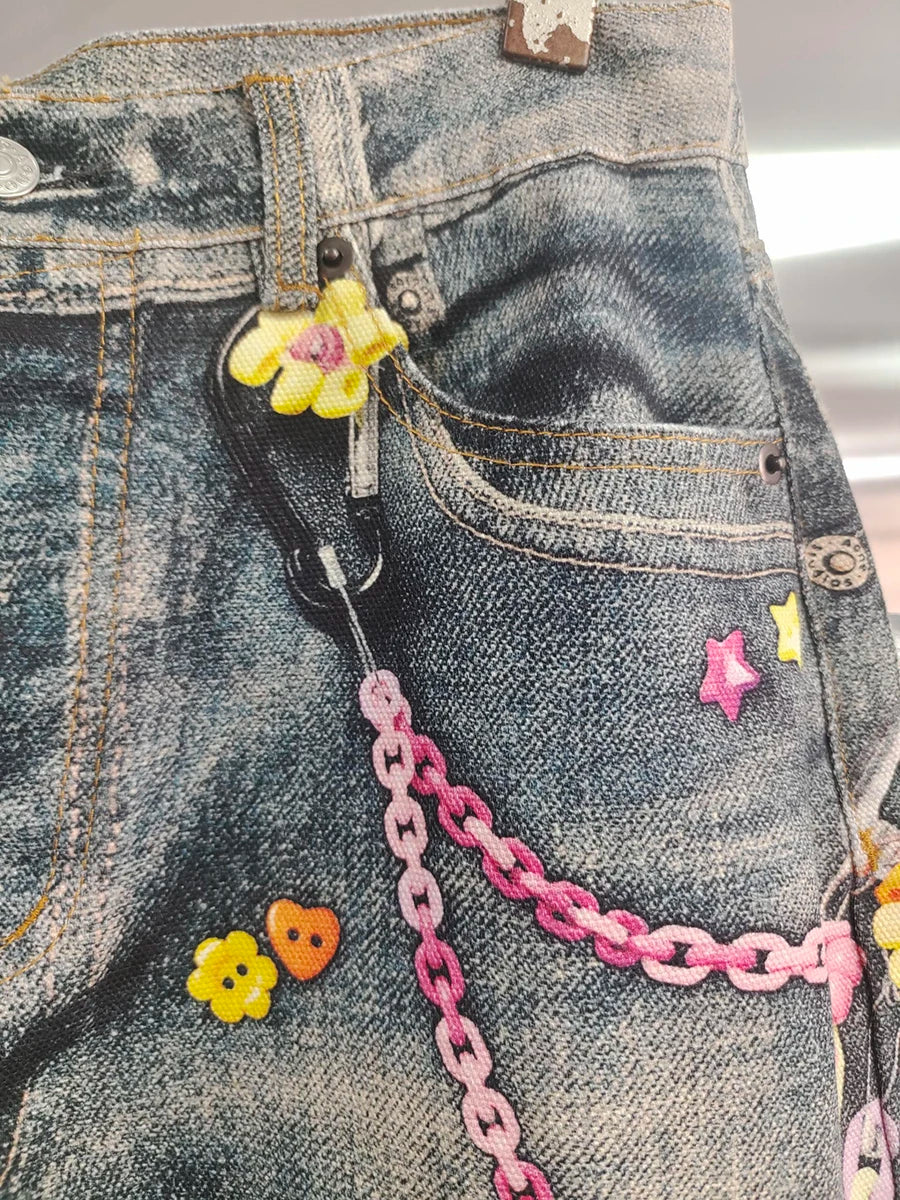VGH Spliced Colorful Beading Chain Jeans for Women High Waist Patchwork Distressed American Retro Spring Trousers Female Style