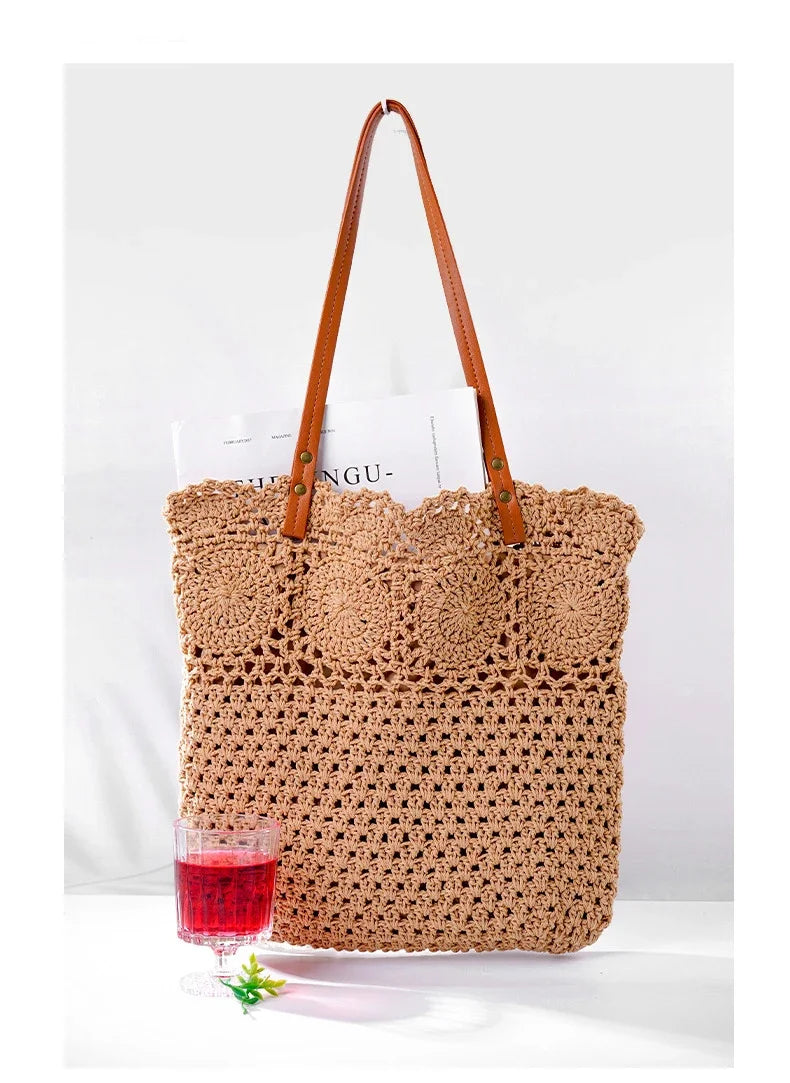 Ladies Beach Leisure Shoulder Bags Women's Summer Artistic Weaving Crochet Tote Handbags Female Retro Hollow Solid Crossbody Bag