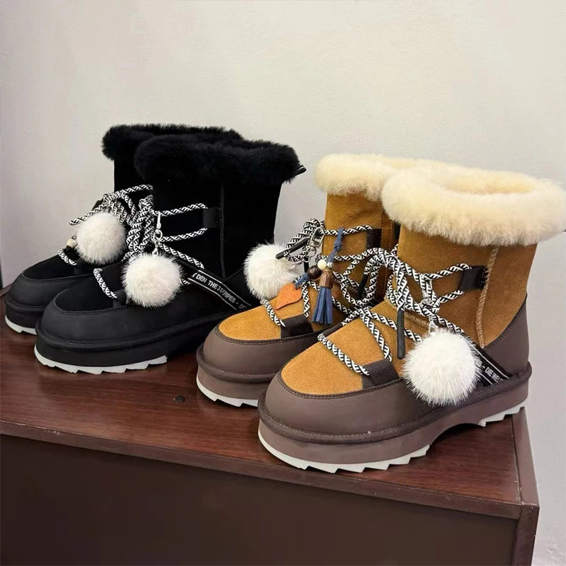Plush Warm Snow Boots For Women Fashion Short Thick Non-slip Sports Shoes Lace-up Zipper Ankle Boots Thick Sole Shoelace Pendant