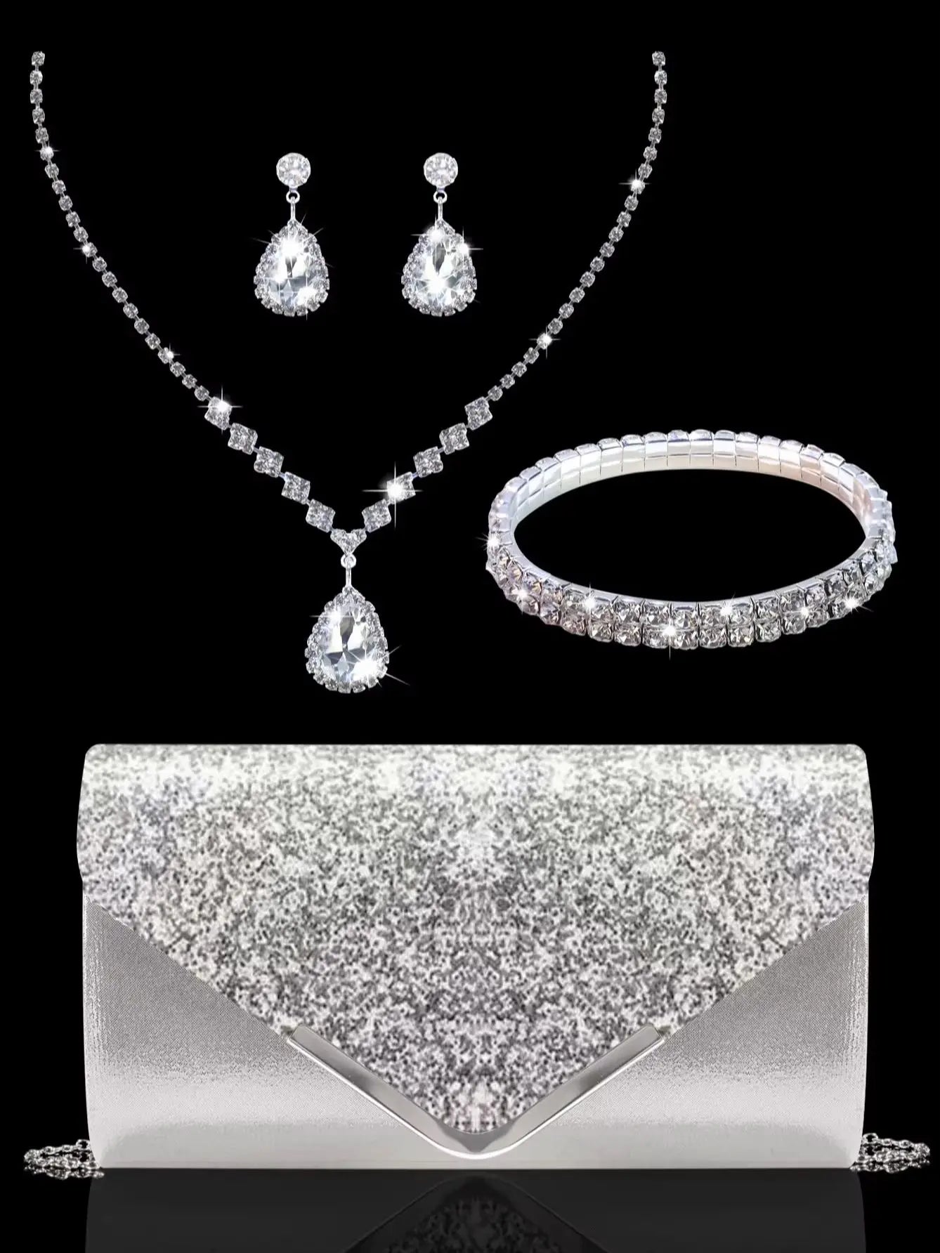 Sparkling and luxurious sequined evening clutch for women, paired with a gorgeous rhinestone necklace, earrings and bracelet set