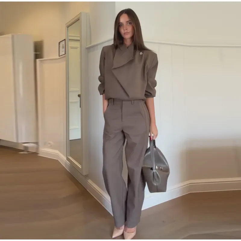 Solid Draped Funnel Neck Long Sleeve Wide Leg Two Piece Set For Women