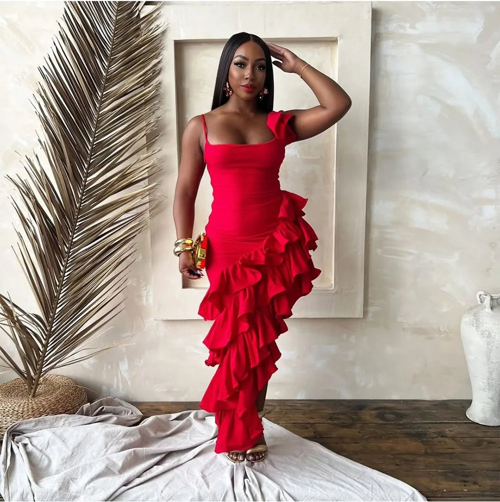 Chic Ruffled Edge Sleeveless Evening Gown for Women