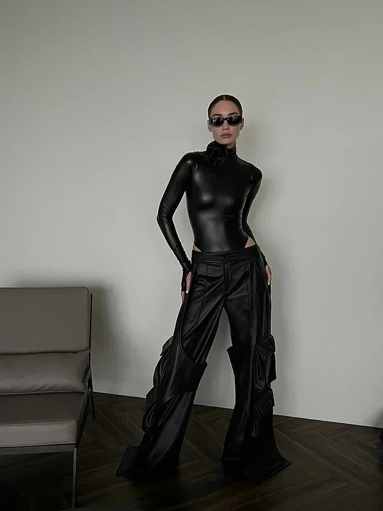Women Faux Leather Bodysuits Long Sleeve High Neck Slim Jumpsuits Ladies Sexy Stretch Bodycon Bodysuits Party Clubwaer Custom
